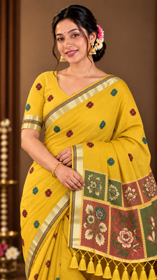 yellow floral muga cotton blend jamdani saree with blouse 1