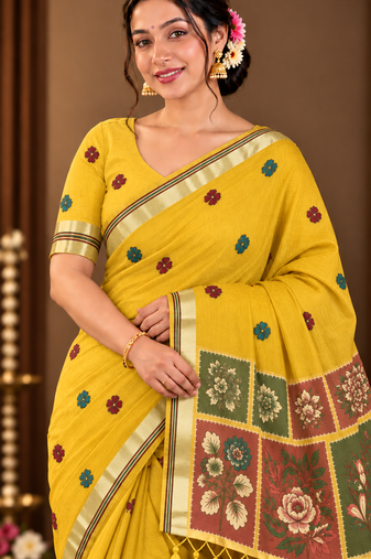 yellow floral muga cotton blend jamdani saree with blouse
