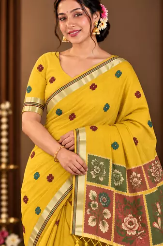 yellow floral muga cotton blend jamdani saree with blouse