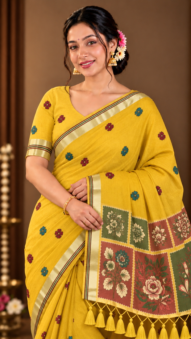 yellow floral muga cotton blend jamdani saree with blouse