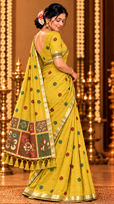 yellow floral muga cotton blend jamdani saree with blouse 3