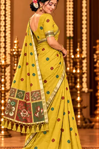 yellow floral muga cotton blend jamdani saree with blouse