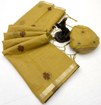 yellow floral muga cotton blend jamdani saree with blouse 4