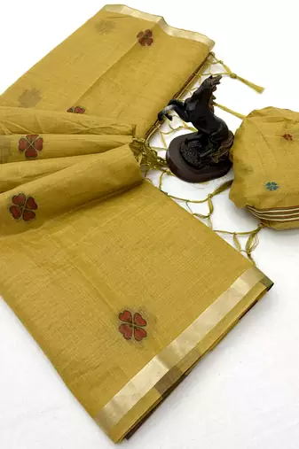 yellow floral muga cotton blend jamdani saree with blouse