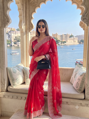 Heavy cord embroidery & sequins butti work traditional ethnic saree 1