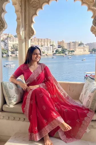 Heavy cord embroidery & sequins butti work traditional ethnic saree