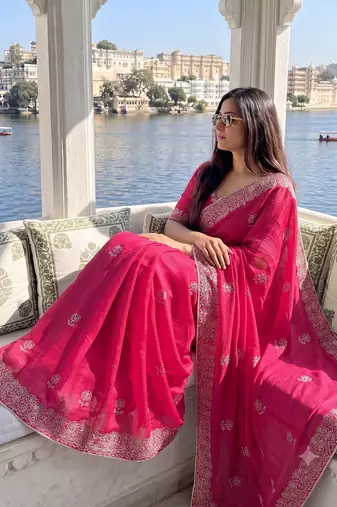 Heavy cord embroidery & sequins butti work traditional ethnic saree