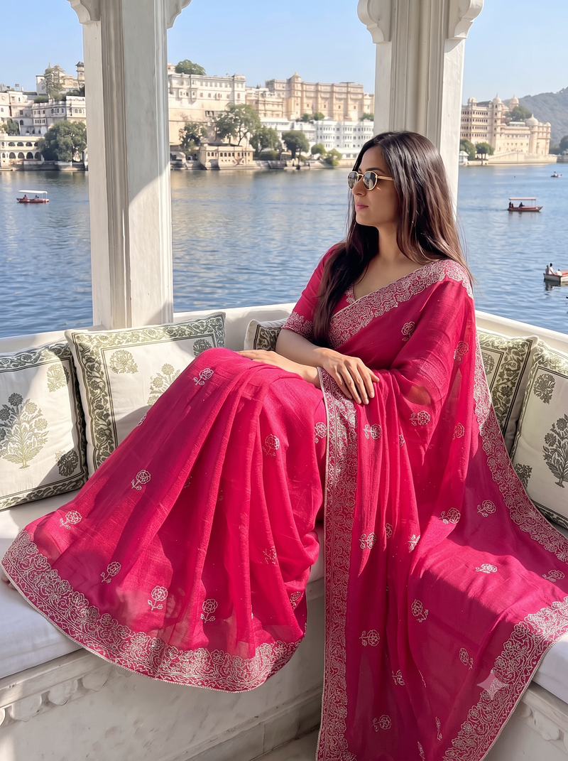 Heavy cord embroidery & sequins butti work traditional ethnic saree