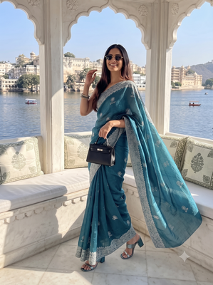 Heavy cord embroidery & sequins butti work traditional ethnic saree 1