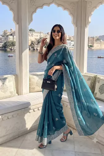 Heavy cord embroidery & sequins butti work traditional ethnic saree