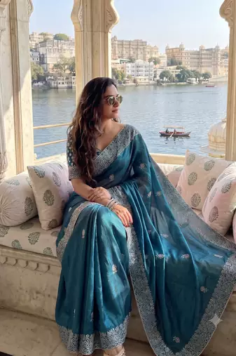 Heavy cord embroidery & sequins butti work traditional ethnic saree