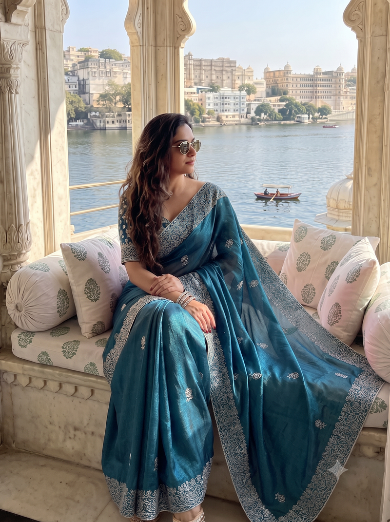 Heavy cord embroidery & sequins butti work traditional ethnic saree