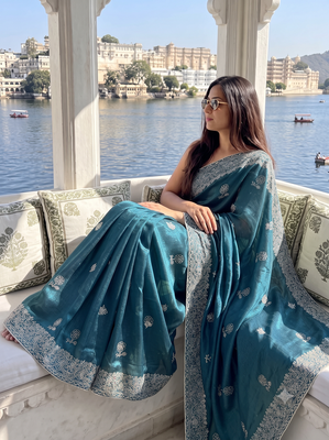 Heavy cord embroidery & sequins butti work traditional ethnic saree 3
