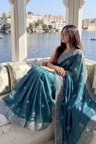 Heavy cord embroidery & sequins butti work traditional ethnic saree