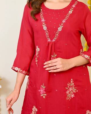 Red mull chanderi long kurta with palazzo & dupatta set 3