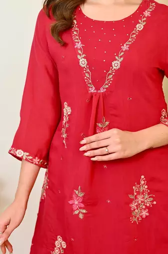 Red mull chanderi long kurta with palazzo & dupatta set