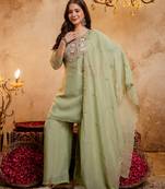 Pista green embroidered kurta with palazzo & dupatta set
