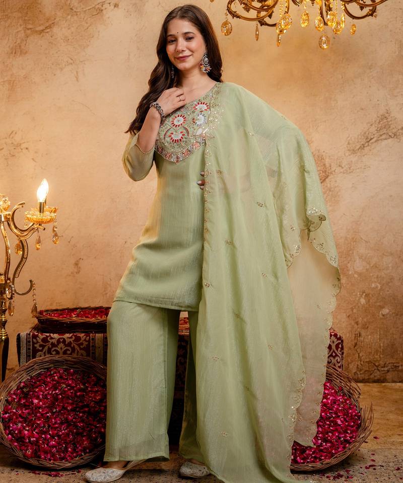 Pista green embroidered kurta with palazzo & dupatta set