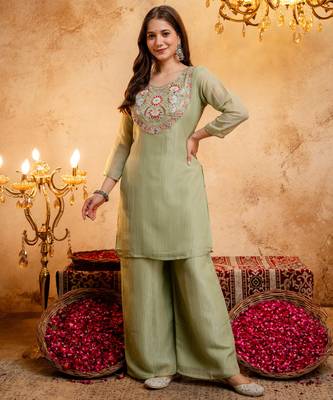 Pista green embroidered kurta with palazzo & dupatta set 2