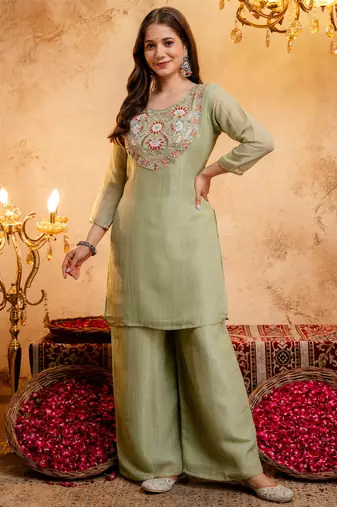 Pista green embroidered kurta with palazzo & dupatta set