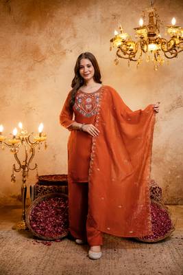 Orange embroidered kurta with palazzo & dupatta set 1
