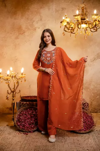 Orange embroidered kurta with palazzo & dupatta set