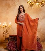 Orange embroidered kurta with palazzo & dupatta set