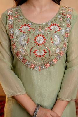 Pista green embroidered kurta with palazzo & dupatta set 3
