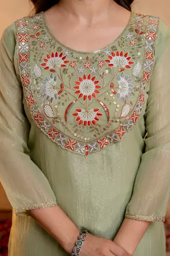 Pista green embroidered kurta with palazzo & dupatta set