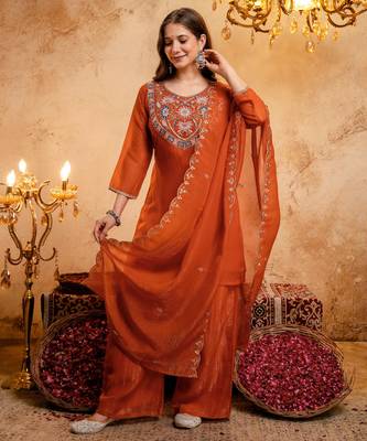 Orange embroidered kurta with palazzo & dupatta set 2