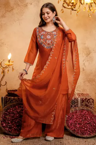 Orange embroidered kurta with palazzo & dupatta set
