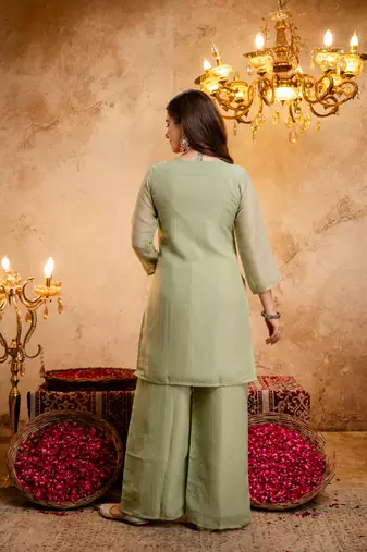 Pista green embroidered kurta with palazzo & dupatta set