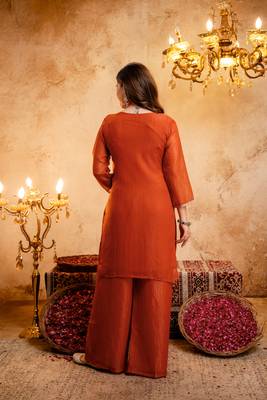 Orange embroidered kurta with palazzo & dupatta set 4