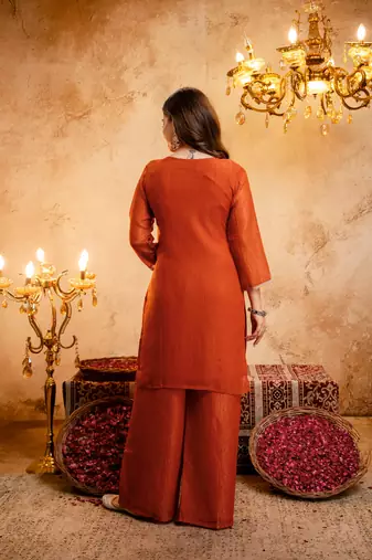 Orange embroidered kurta with palazzo & dupatta set
