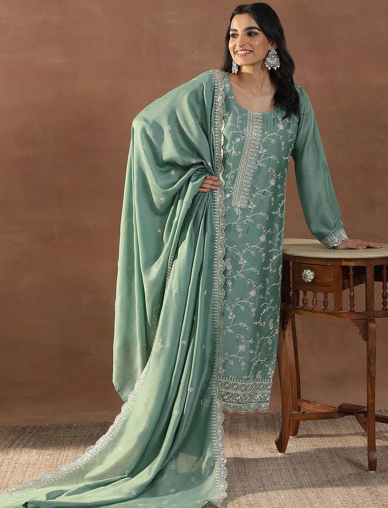 Pista green vichitra silk blend embroidered kurta pant dupatta set