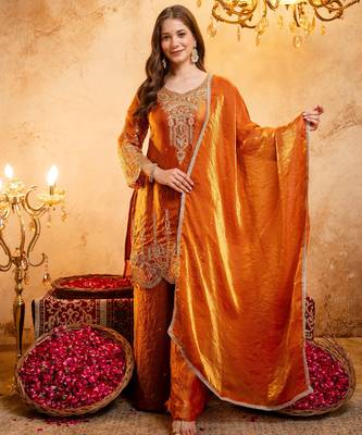 Orange embroidered kurta with ghaghra palazzo & dupatta set 1