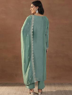 Pista green vichitra silk blend embroidered kurta pant dupatta set 4