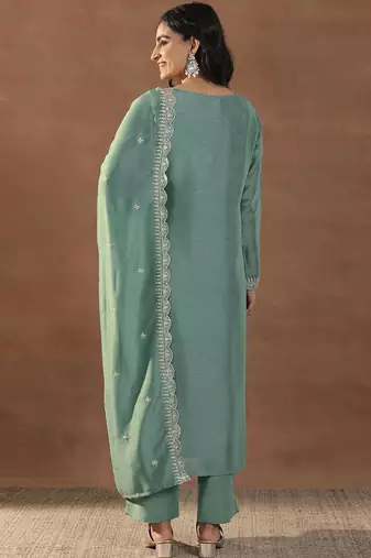 Pista green vichitra silk blend embroidered kurta pant dupatta set