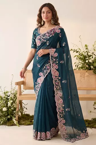 Teal blue silk blend saree with contrast thread embroidery & designer scallop cutwork border with heavy blouse