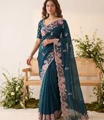 Teal blue silk blend saree with contrast thread embroidery & designer scallop cutwork border with heavy blouse