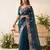 Teal blue silk blend saree with contrast thread embroidery & designer scallop cutwork border with heavy blouse