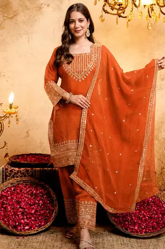 Orange embroidered kurta with salwar & dupatta set