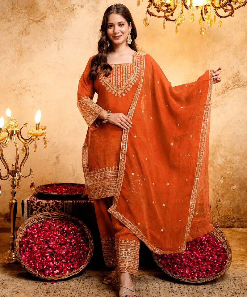 Orange embroidered kurta with salwar & dupatta set