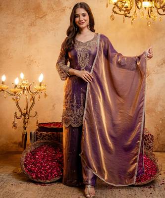Wine embroidered kurta with ghaghra palazzo & dupatta set 1