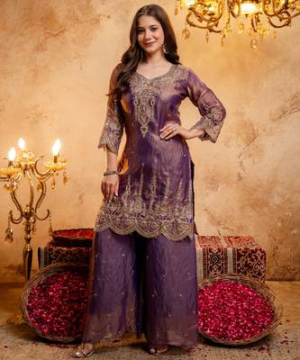 Wine embroidered kurta with ghaghra palazzo & dupatta set 2