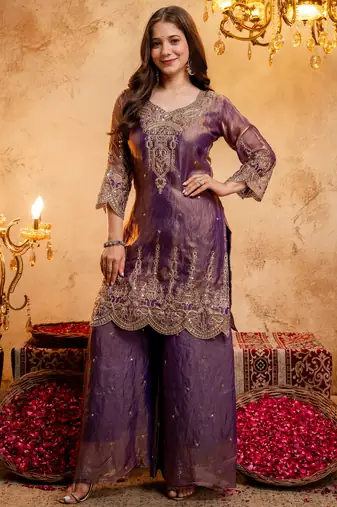 Wine embroidered kurta with ghaghra palazzo & dupatta set