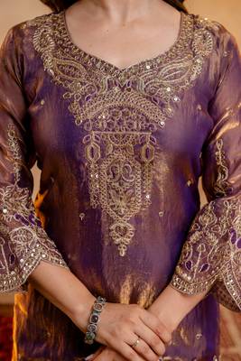 Wine embroidered kurta with ghaghra palazzo & dupatta set 3