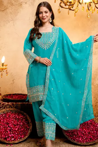 Sky blue embroidered kurta with salwar & dupatta set
