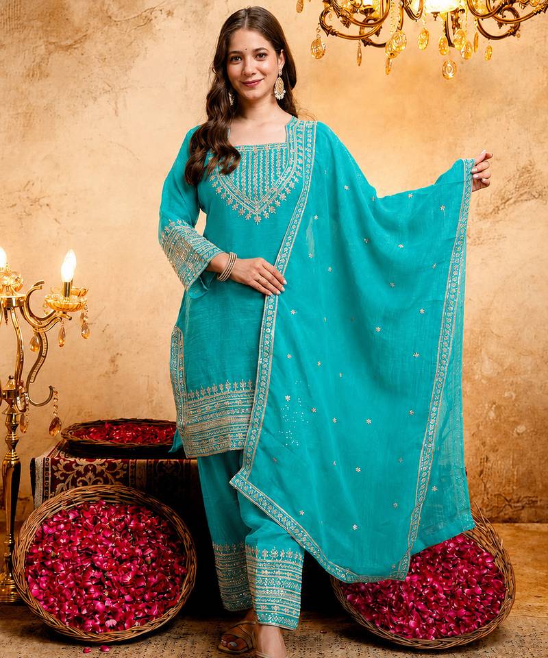 Sky blue embroidered kurta with salwar & dupatta set