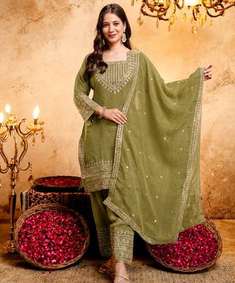Mehendi embroidered kurta with salwar & dupatta set 1